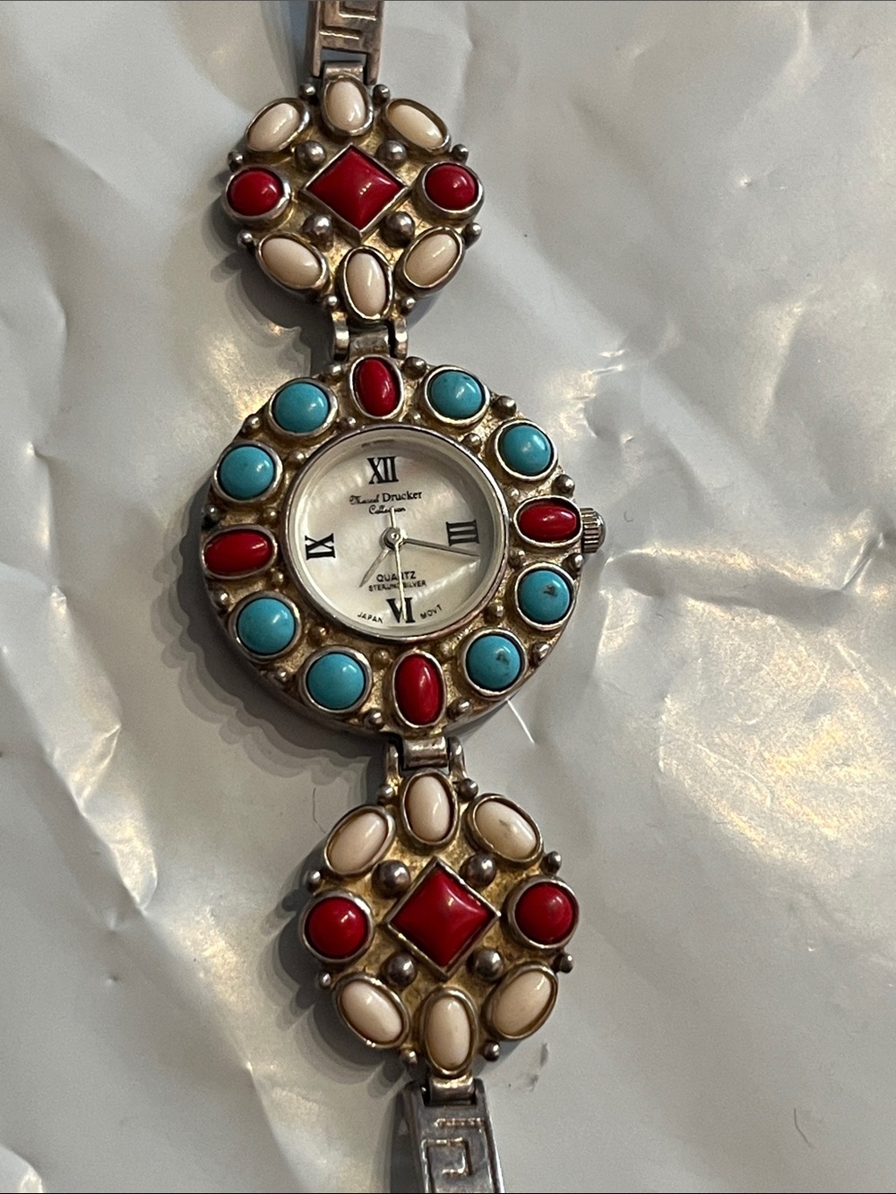 MARCEL DRUKER Turquoise & Red coral Stone Women's 925 Sterling Bracelet Watch -